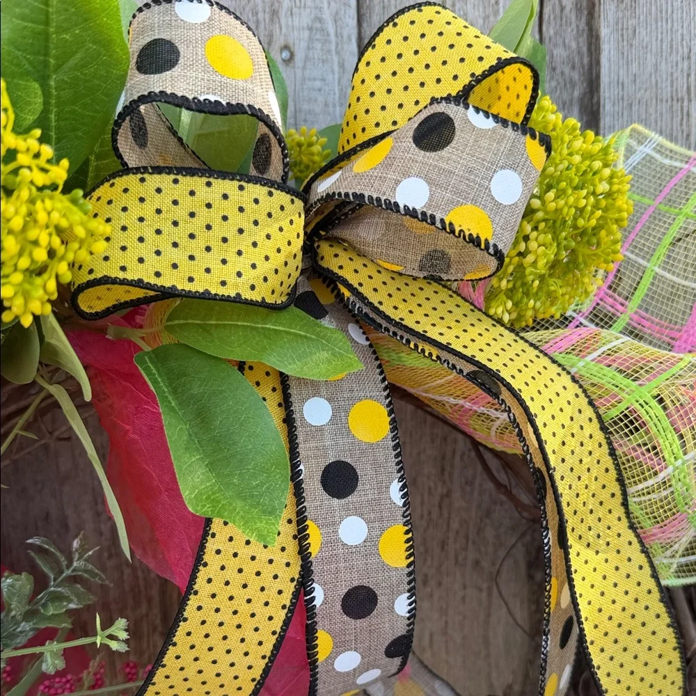 Bee Themed Grapevine Wreath with Yellow Polka Dot Ribbon